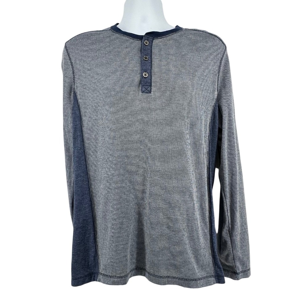 Marc Anthony Henley Shirt Preppy Minimalist Blue Gray Long Sleeve Striped Mens L